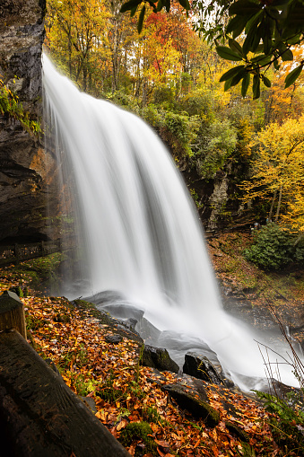 Side view of Dry Falls in southwestern North Carolina in the Blue Ridge Mountains.