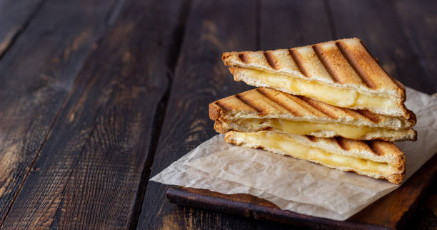 grilled sandwiches with cheese. vegetarian food. breakfast. - appetizer bruschetta meal lunch imagens e fotografias de stock