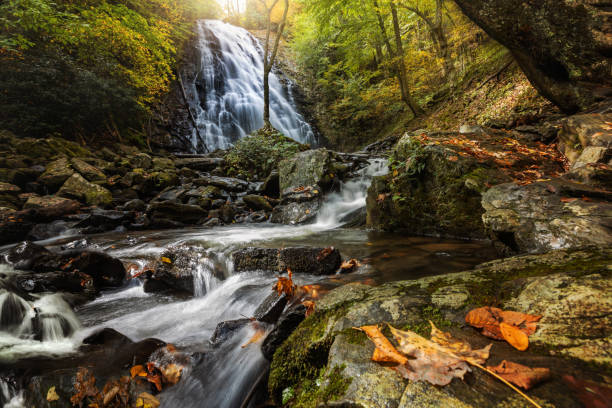 カタウバ滝の秋 - north carolina mountain river autumn ストックフォトと画像