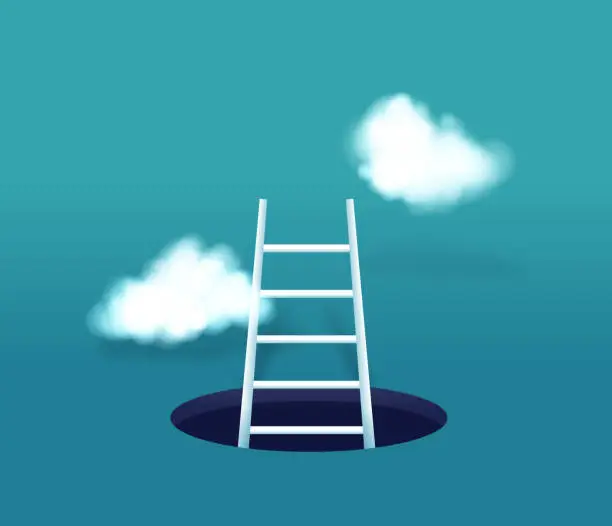 Vector illustration of Ladder Escape Clouds Overcoming Challenge Concept