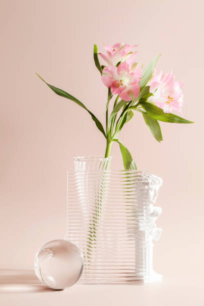 istock flower in vase through textured glass with decorative elements on beige background. minimalistic, trend and textured background. wabi sabi concept. 1358984495