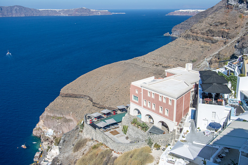 Firá in Santorini on South Aegean Islands, Greece, with private buildings visible.