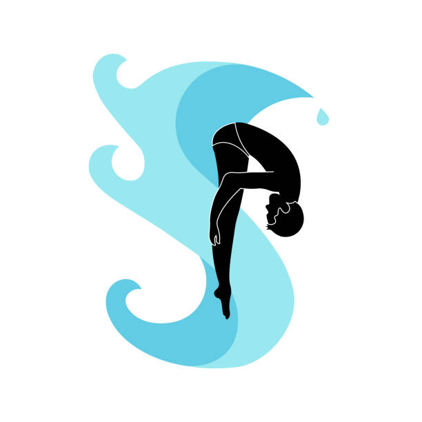 illustrations, cliparts, dessins animés et icônes de logotype avec vague et silhouette de garçon plongeur - silhouette water men jumping