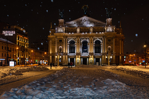 Lviv, Ukraine - February 17, 2021: Lviv National Opera in winter at night