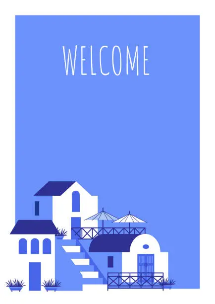 Vector illustration of Postcard with blue-white houses and phrase in travel and holiday theme. Vector illustration in flat style for touristic industry.
