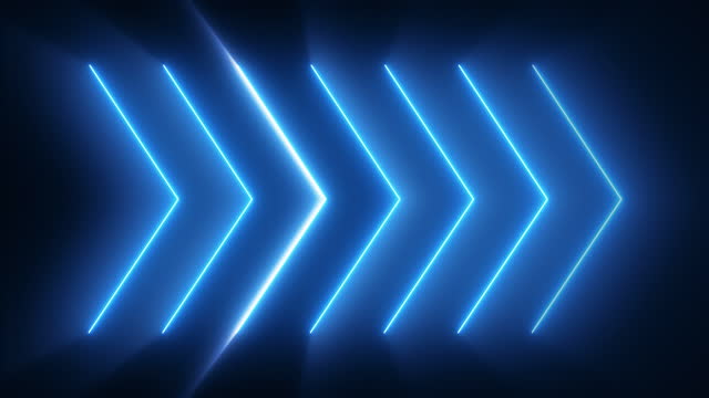 Seamless loop. Blue neon glowing arrows. Direction banner. Futuristic light on black background.
