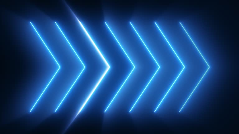 Seamless loop. Blue neon glowing arrows. Direction banner. Futuristic light on black background.