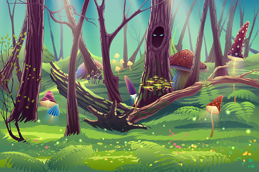 Amazing fantasy mushroom garden with trees, green forest with fly agaric, sunlight rays, grass, leaves and beautiful nature in vector. Summer floral park illustration digital artwork.