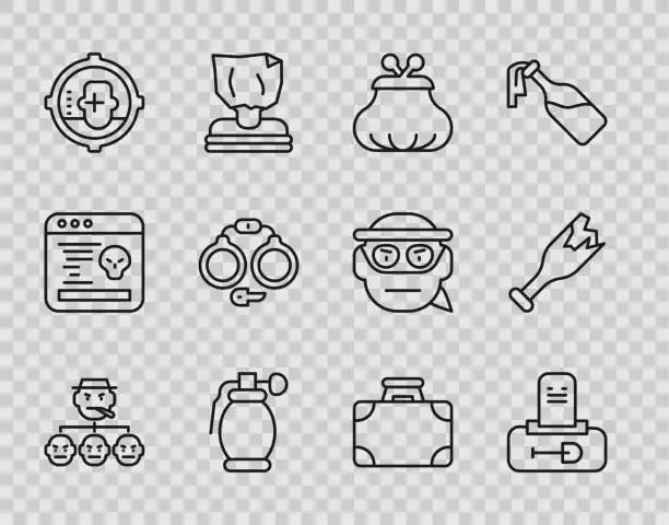 Vector illustration of Set line Mafia, Grave with tombstone, Wallet, Hand grenade, Headshot, Handcuffs, Briefcase money and Broken bottle weapon icon. Vector