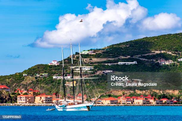 Ship Moored In The Harbor In Sint Maarten Stock Photo - Download Image Now - British Virgin Islands, Caribbean Sea, Coastline