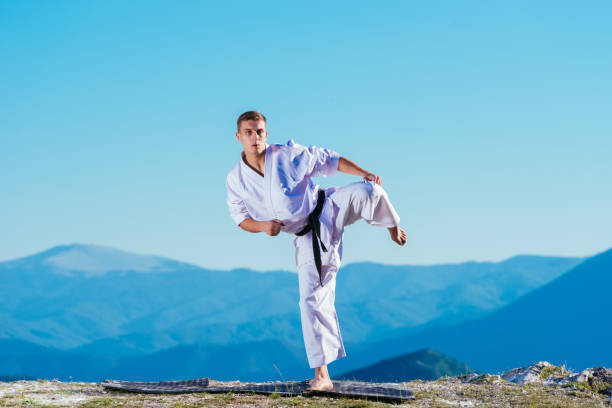 istock Karate man in a kimono performs a side leg-foot kick while standing on the green grass on top of a mountain. 1358991975