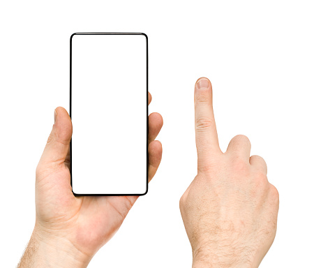 smartphone in hand and hand with forefinger on white isolated background