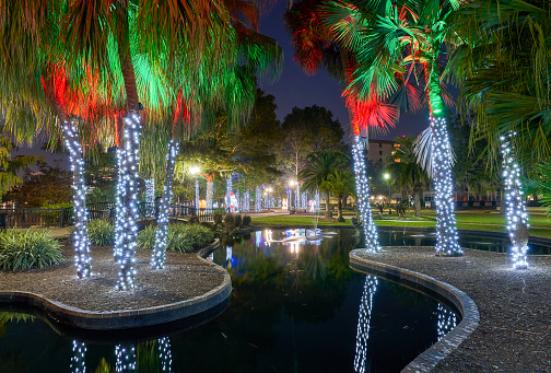 Early Morning Lake Eola Park During the Christmas Holiday Season in Downtown Orlando Florida USA