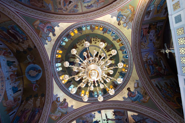 Wheel Chandelier at Candlemas Holy Orthodox Metropolitan Cathedral of Firá in Santorini on South Aegean Islands, Greece stock photo