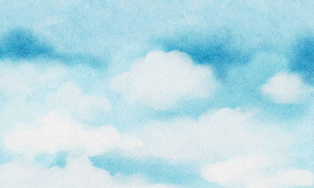 blue sky with fluffy cloud,watercolour hand painted sky on white paper,illustration beautiful nature background for holiday card,sale on spring or summer time concept, banner backdrop with copy space - wall flower sunny temperate flower imagens e fotografias de stock