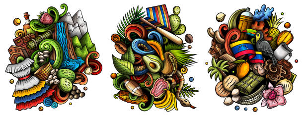 ilustraciones, imágenes clip art, dibujos animados e iconos de stock de venezuela dibujos animados vector doodle diseños set. - ilustraciones de cultura venezolana