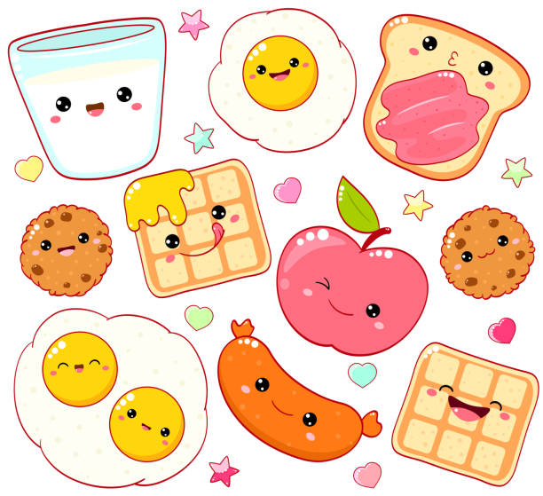 illustrations, cliparts, dessins animés et icônes de heure du petit déjeuner. ensemble d’icônes culinaires mignonnes dans le style kawaii pour un design sucré - biscuit sausage sandwich breakfast