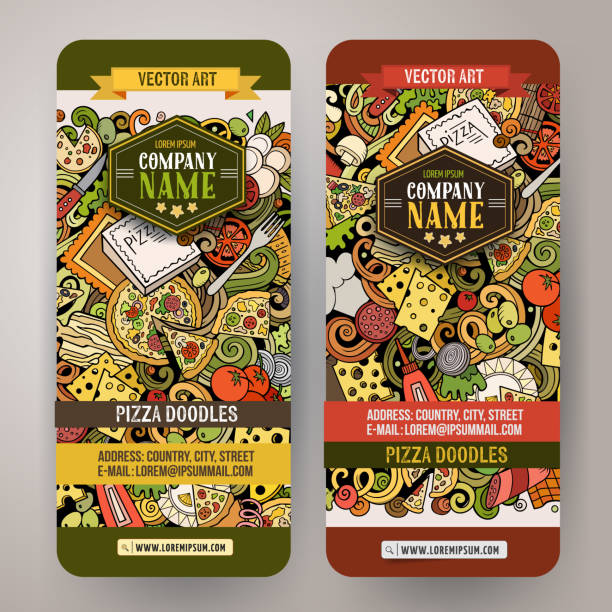 Cartoon cute colorful vector hand drawn doodles Pizzeria banners Cartoon cute colorful vector hand drawn doodles Pizzeria corporate identity. 2 vertical banners design. Templates set. All objects separate corporate identity packages stock illustrations
