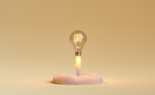 light bulb taking off and releasing smoke. concept of idea explosion, learning, education and startup. 3d rendering