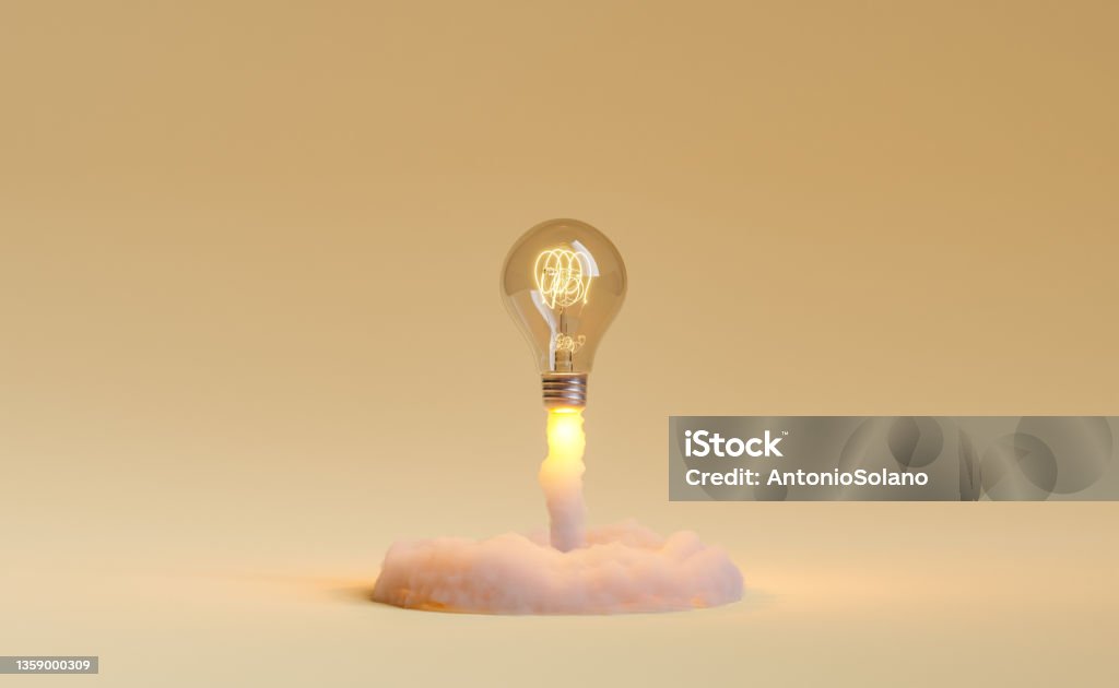 light bulb rocket taking off light bulb taking off and releasing smoke. concept of idea explosion, learning, education and startup. 3d rendering Innovation Stock Photo