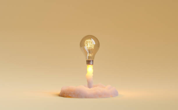 light bulb rocket taking off light bulb taking off and releasing smoke. concept of idea explosion, learning, education and startup. 3d rendering ideas stock pictures, royalty-free photos & images