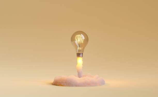 light bulb rocket taking off light bulb taking off and releasing smoke. concept of idea explosion, learning, education and startup. 3d rendering concepts stock pictures, royalty-free photos & images