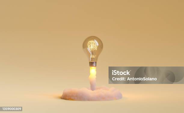 Light Bulb Rocket Taking Off Stock Photo - Download Image Now - Innovation, Inspiration, Ideas