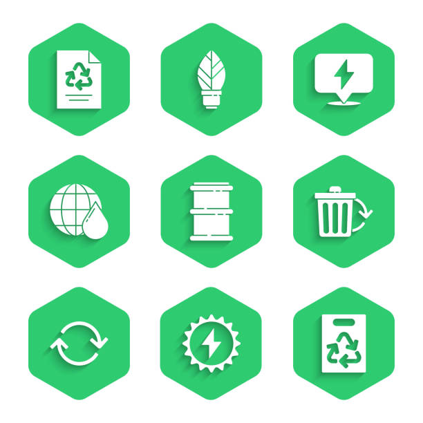 ilustrações de stock, clip art, desenhos animados e ícones de set barrel, solar energy panel, paper bag with recycle, recycle bin, refresh, earth planet water drop, lightning bolt and icon. vector - drop solar panel symbol leaf