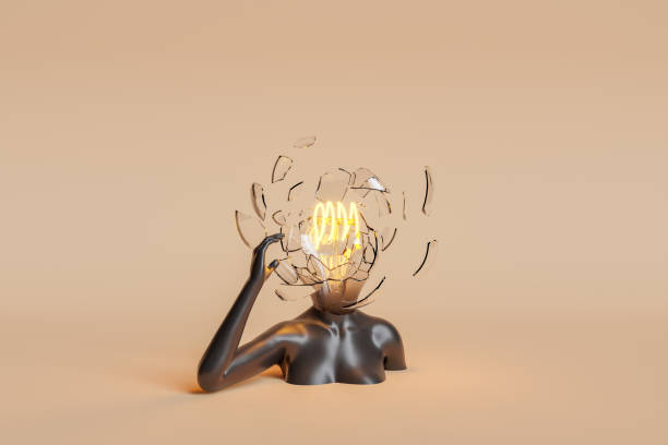 exploding light bulb head - light bulb business wisdom abstract imagens e fotografias de stock