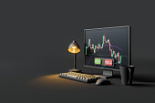 computer screen with candlestick chart and lamp