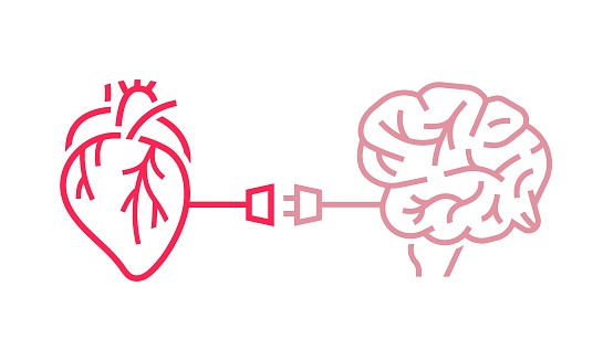 Heart-brain connection. Health of the heart and mind are Intertwined. Medical, scientific, healthcare concept. Stress relief. Editable vector illustration on a white background.