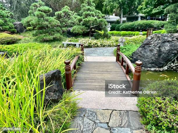 Wooden Bridge Over Lake Stock Photo - Download Image Now - Japanese Garden, Bridge - Built Structure, Lake