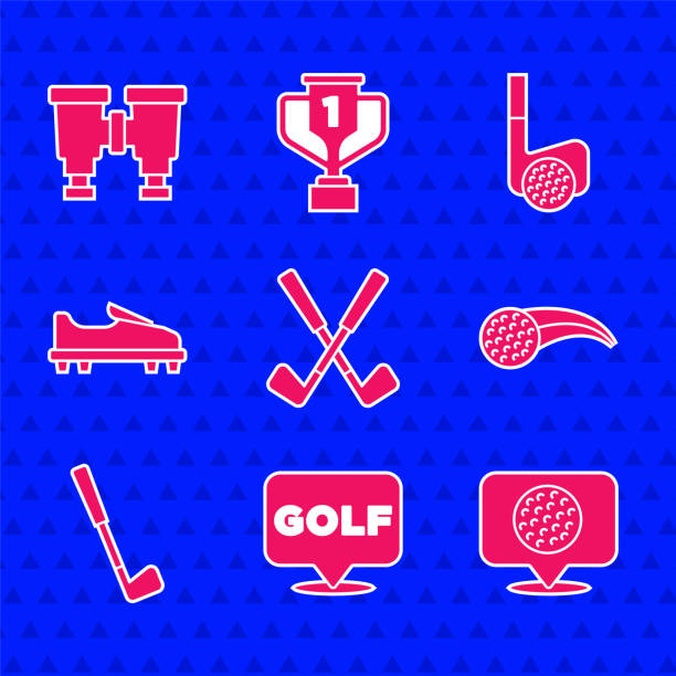 ilustraciones, imágenes clip art, dibujos animados e iconos de stock de set crossed golf club, etiqueta de golf, pelota, zapato, con e icono de binoculares. vector - golfer animal activity recreational pursuit