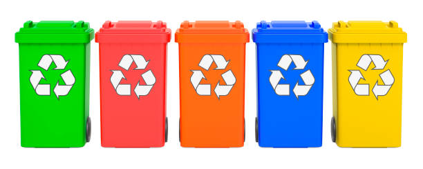 istock Set of colored recycling trash cans, 3D rendering 1359003325
