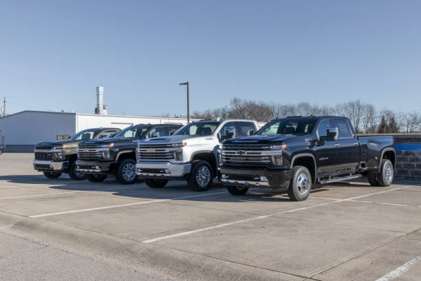 Chevrolet Heavy Duty pickup truck lineup. Chevy features 1500, 2500 and 3500HD trucks. stock photo