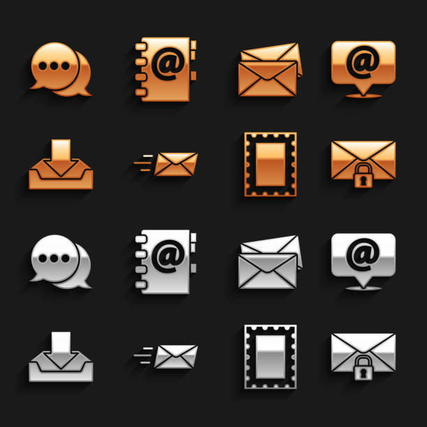 高速封筒、メール、電子メールを吹き出し、メッセージロックパスワード、郵便切手、ダウンロード受信トレイ、封筒、音声チャット、アドレス帳アイコンに設定します。ベクトル - e mail address book symbol computer icon点のイラスト素材／クリップアート素材／マンガ素材／アイコン素材