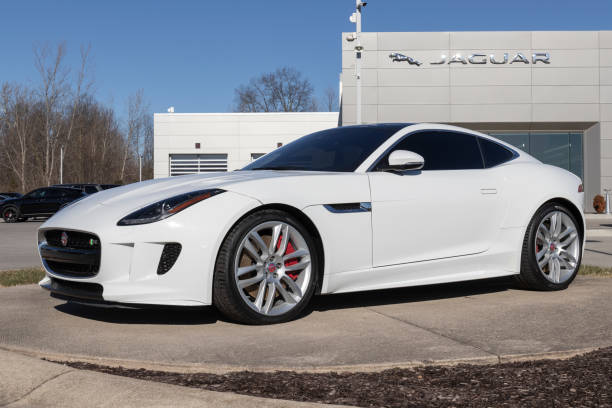 Jaguar F-Type R display at a dealership. The Jaguar F-Type R has a 550 hp 5.0 litre supercharged V8. stock photo
