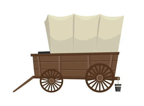 Wild west cartoon wagon with tent. Old western carriage icon isolated on white background.