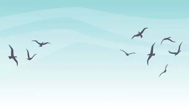 Vector illustration of Flight silhouette on sky. Cartoon nature scenery with flyin birds