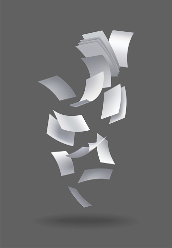 Realistic falling paper sheets. Set of flying curved leaves of paper. Vector loose soar of notes with curled edges. Fly scattered notes, empty chaotic paperwork.
