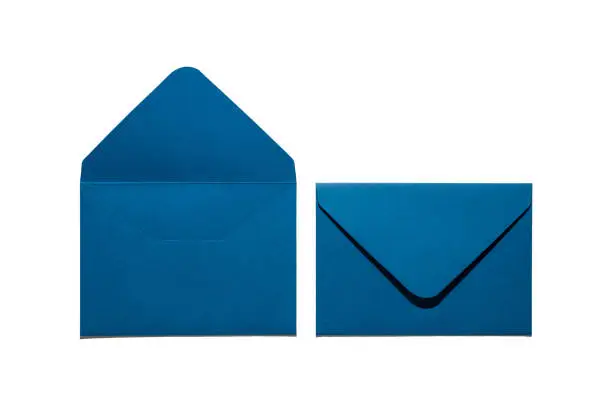 Photo of Top view photo of two open and closed blue envelopes on isolated white background with copyspace