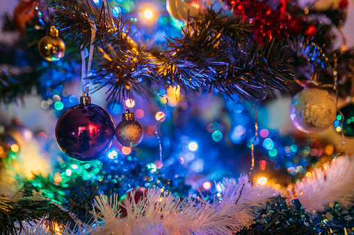 Colorful bokeh background on a Christmas tree