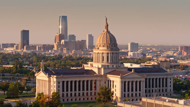 Oklahoma State Capitol Building with Downtown OKC in Background - Aerial