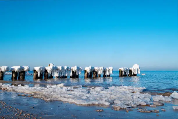 The beach of Bansin / Germany on the Baltic Sea in winter with ice-covered groynes in the background