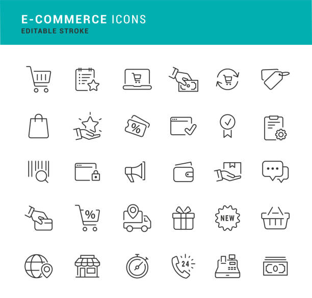 ikony linii e-commerce - cash register e commerce technology shopping cart stock illustrations