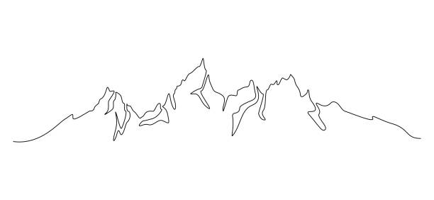 jeden ciągły rysunek linii krajobrazu pasma górskiego. minimalistyczna panorama z wierzchowcami w prostym liniowym stylu. koncepcja przygodowych sportów zimowych izolowana na biało. ilustracja wektorowa - ski resort mountain winter mountain range stock illustrations