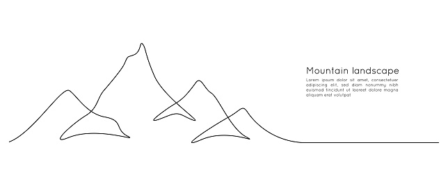 One continuous line drawing of mountain range landscape silhouette. Minimalistic skyline with mounts ridge in simple linear style. Adventure winter sport concept isolated. Doodle Vector illustration.