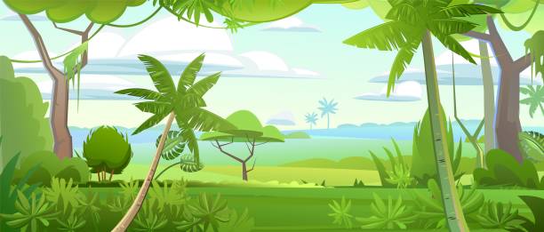 ジャングルの葉。密な厚さ。熱帯林のパノラマからの眺め。南部の農村風景。●漫画風フラットデザインのイラスト。ベクトル - park forest landscape tree点のイラスト素材／クリップアート素材／マンガ素材／アイコン素材