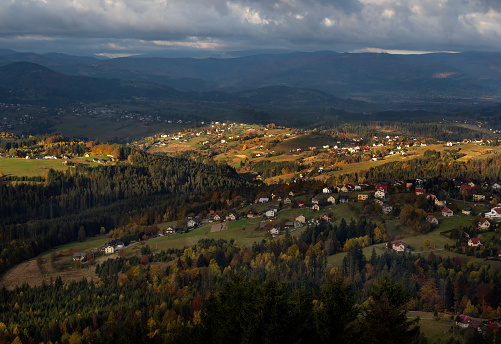 View of the Koniakow village from the top of Ochodzita, Silesian Beskids, Poland