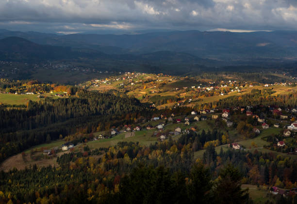 View of the Koniakow village. Silesian Beskids, Poland View of the Koniakow village from the top of Ochodzita, Silesian Beskids, Poland beskid mountains photos stock pictures, royalty-free photos & images